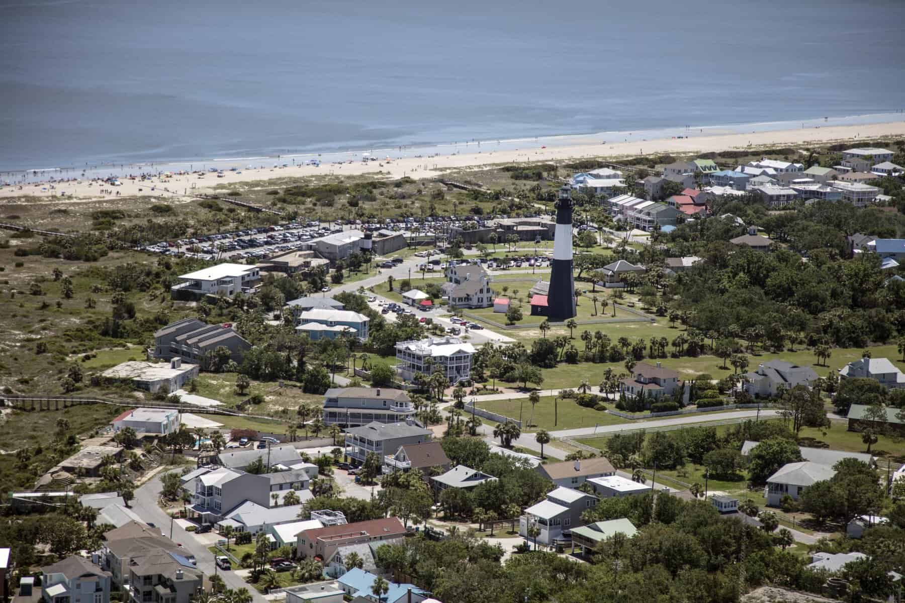 Aerial of Tybee Island Light Station and beach, Georgia