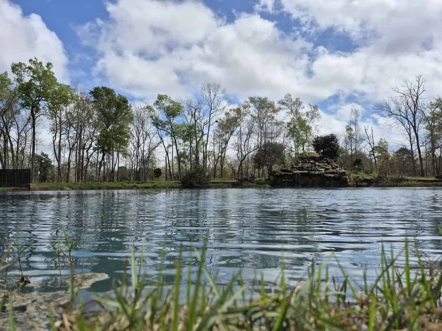 Wide lake and rock waterfall in Tyrrell Park at Beaumont Botanical Gardens