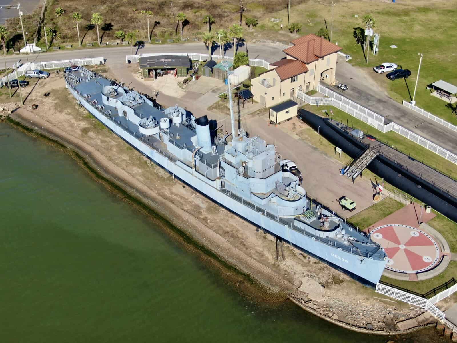 Aerial view of the USS Stewart destroyer escort at Seawolf Park in Galveston, Texas