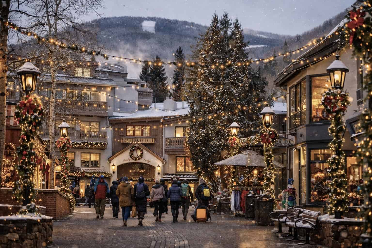 Snowy cobblestone lane strung with lights and garland in Vail Village, Vail, Colorado