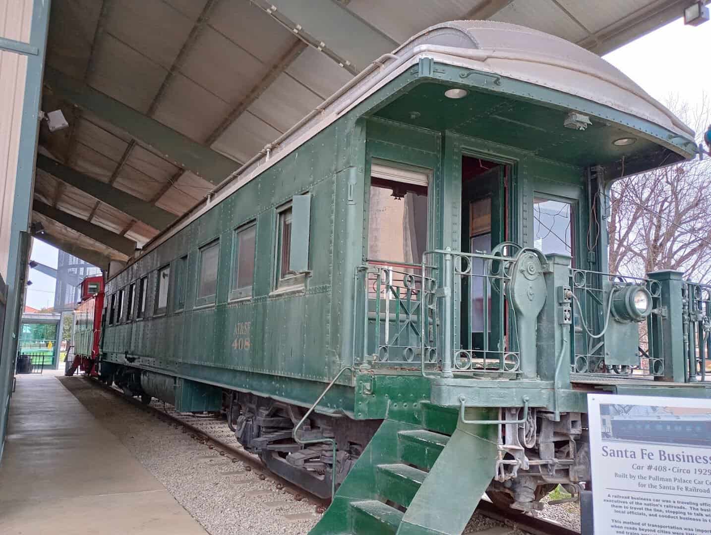 Restored vintage passenger rail car at the Lehnis Railroad Museum in Brownwood, Texas