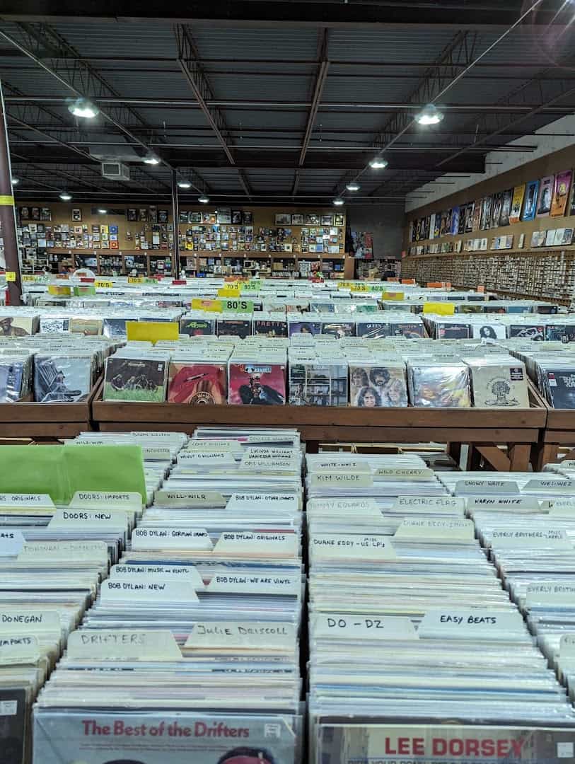 Bins of vinyl records at Forever Young Records in Grand Prairie, Texas
