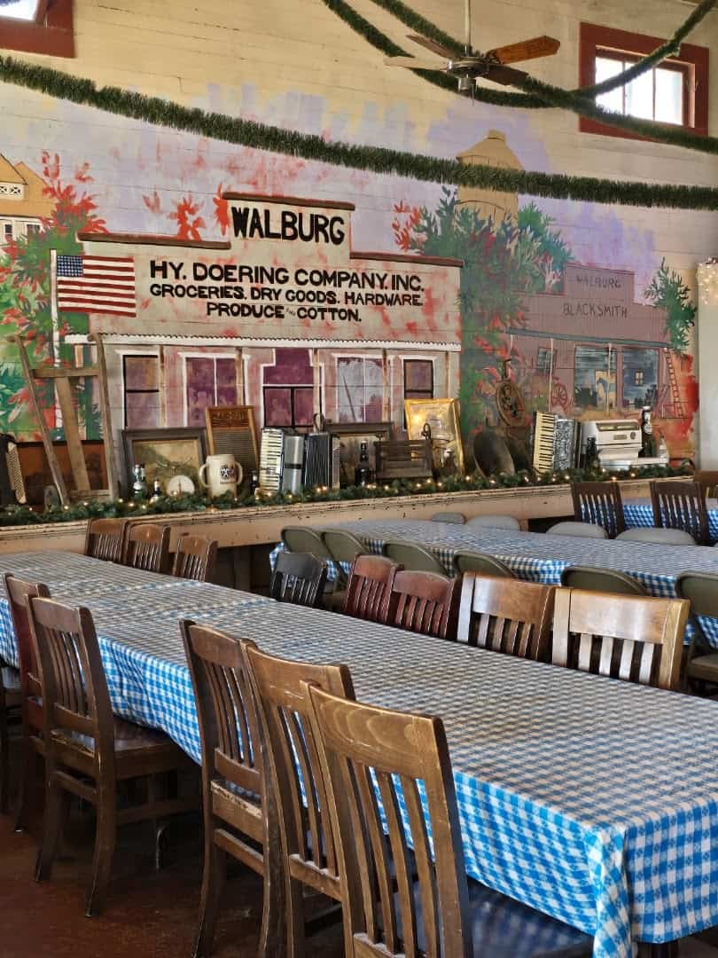 Walburg mural on the dining room wall inside the German restaurant