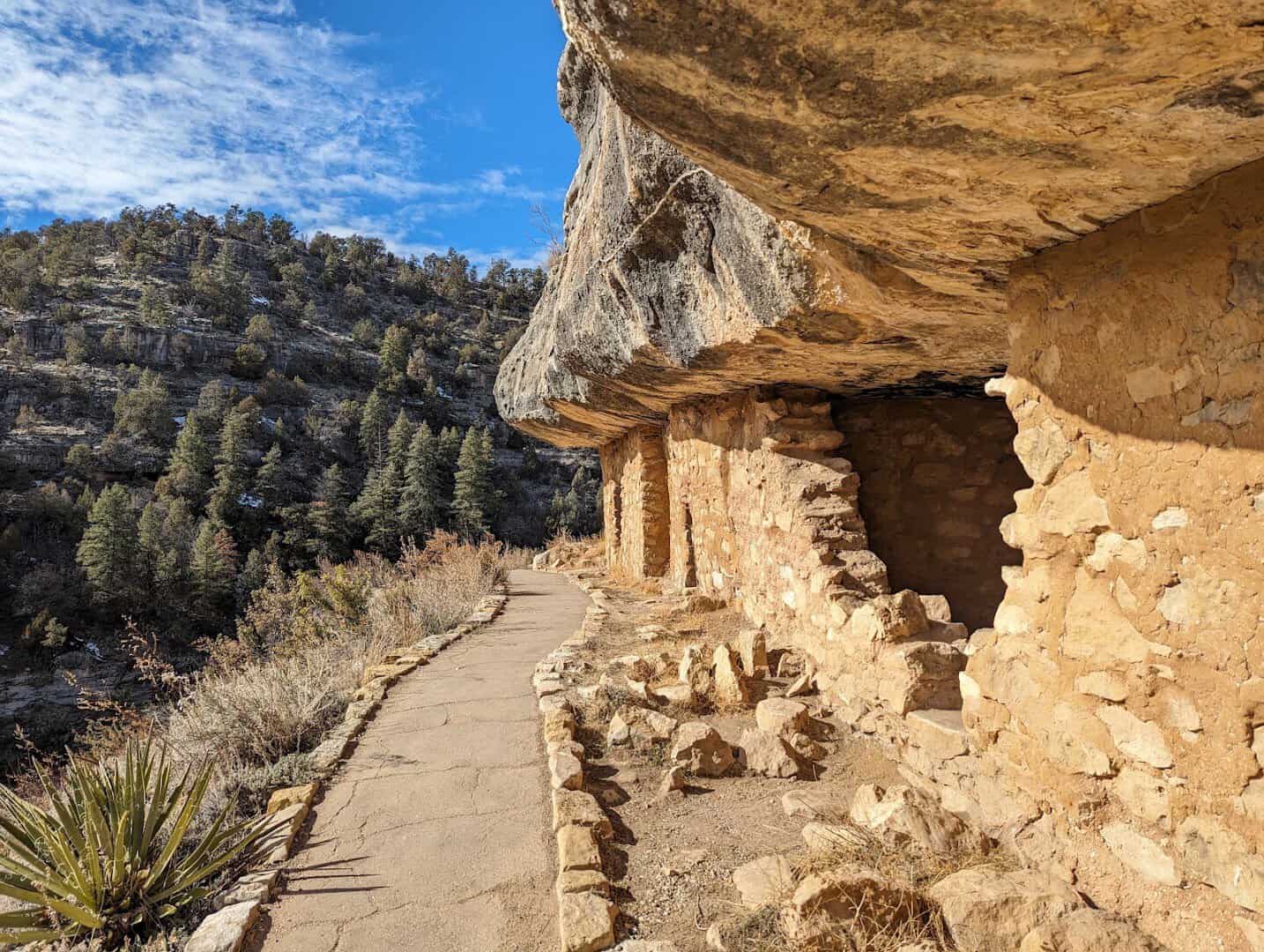 Sinagua cliff dwelling under a limestone overhang at Walnut Canyon National Monument, Arizona
