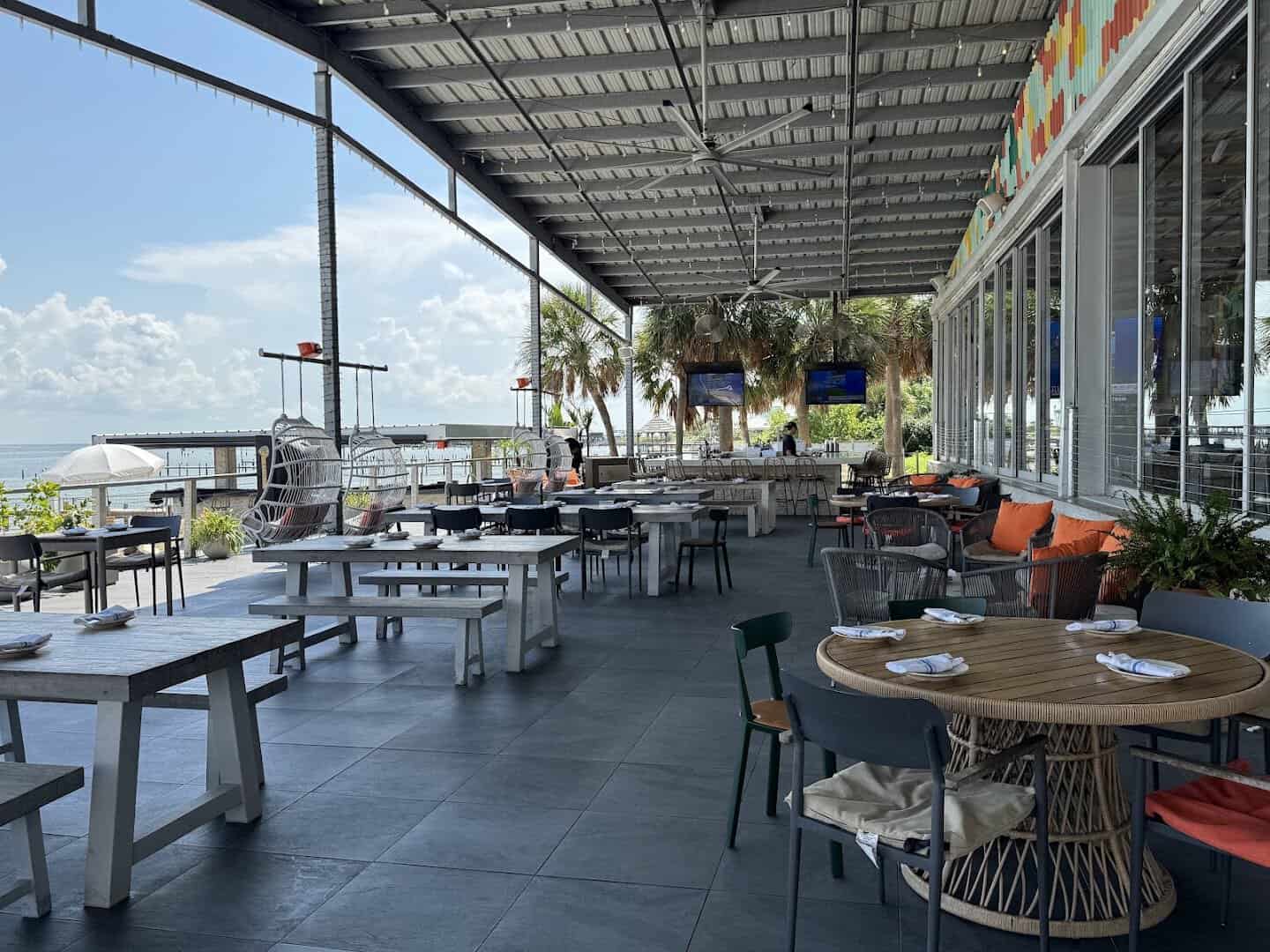 Covered waterfront patio overlooking the bay at Pier 6 in San Leon, Texas