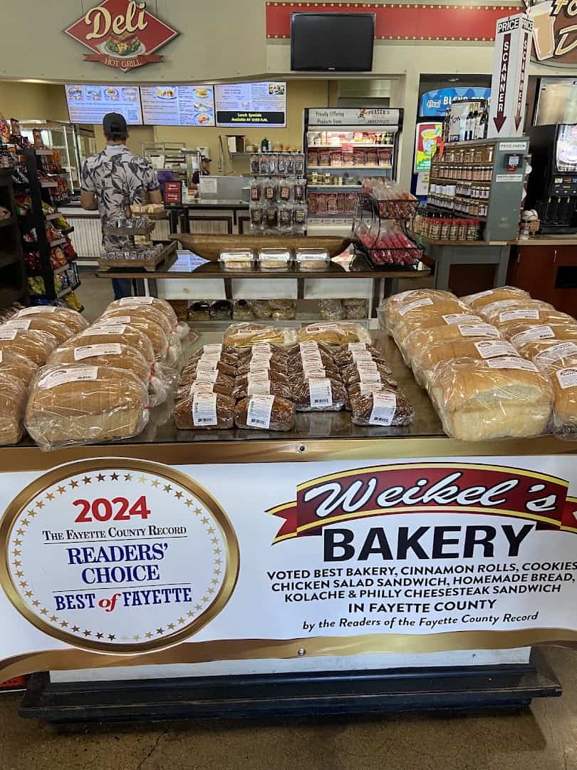 Deli counter and fresh bread at Weikel's Bakery in La Grange, Texas