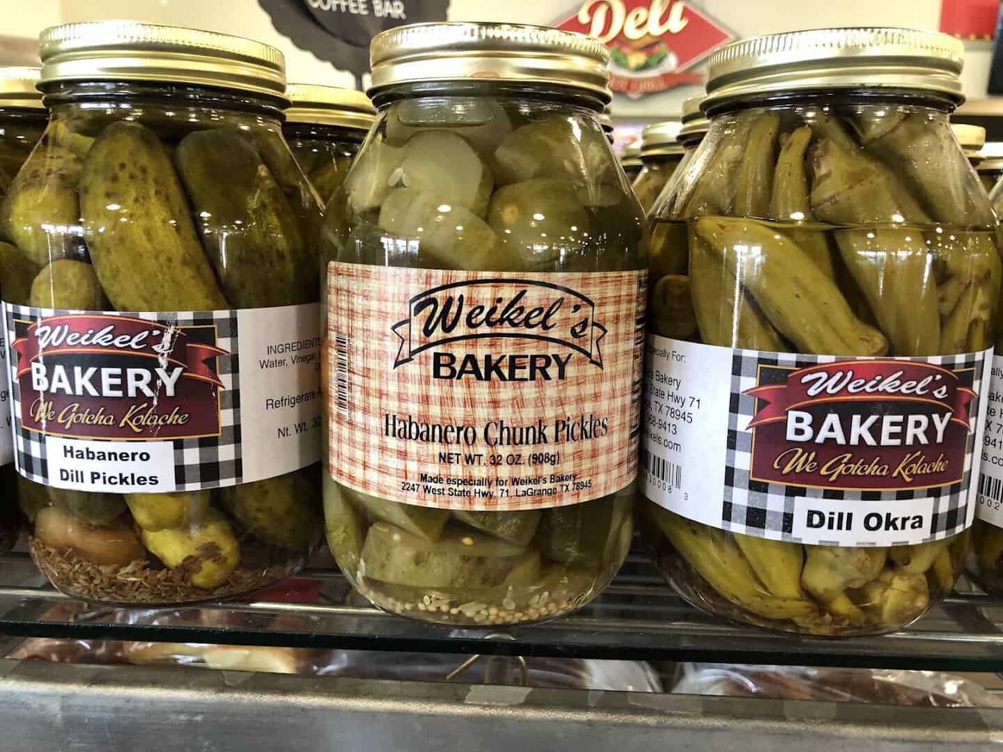 Jars of Weikel's Bakery pickles and dill okra in La Grange, Texas