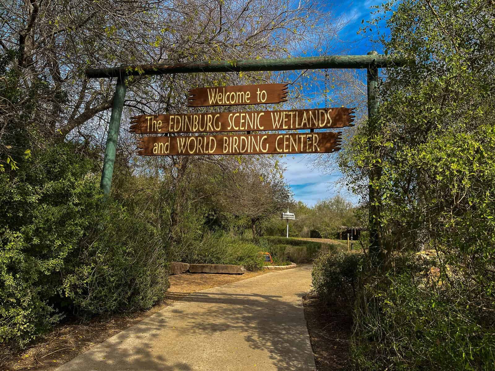 Welcome sign at the entrance to Edinburg Scenic Wetlands in Edinburg, Texas