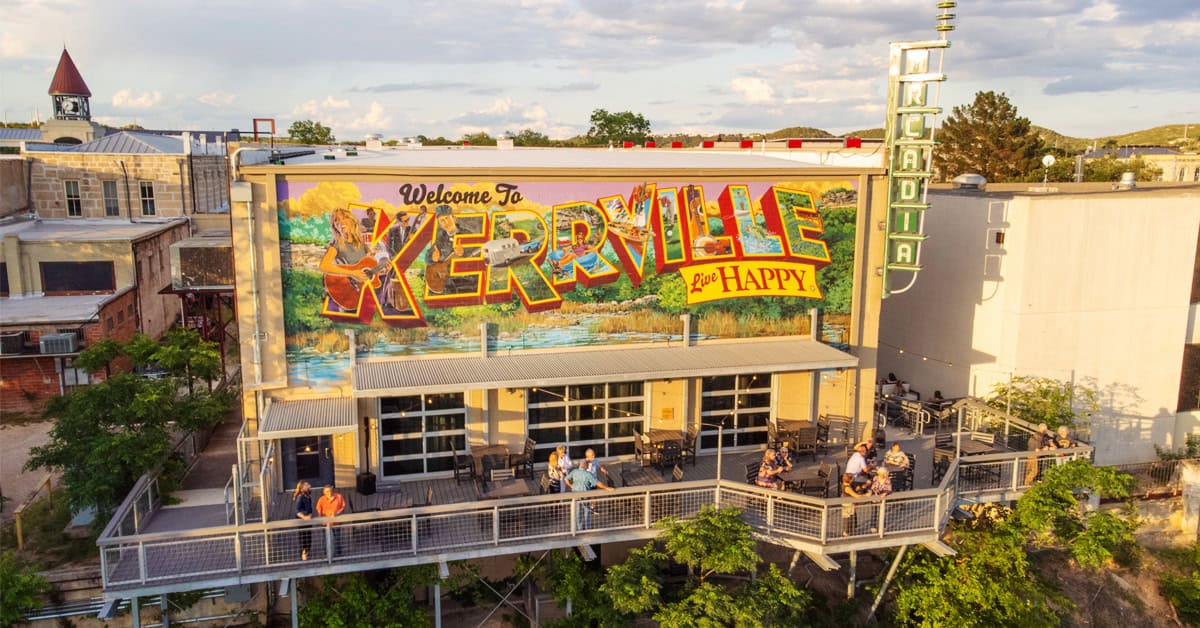 Colorful Welcome to Kerrville mural on a downtown building in Kerrville, Texas