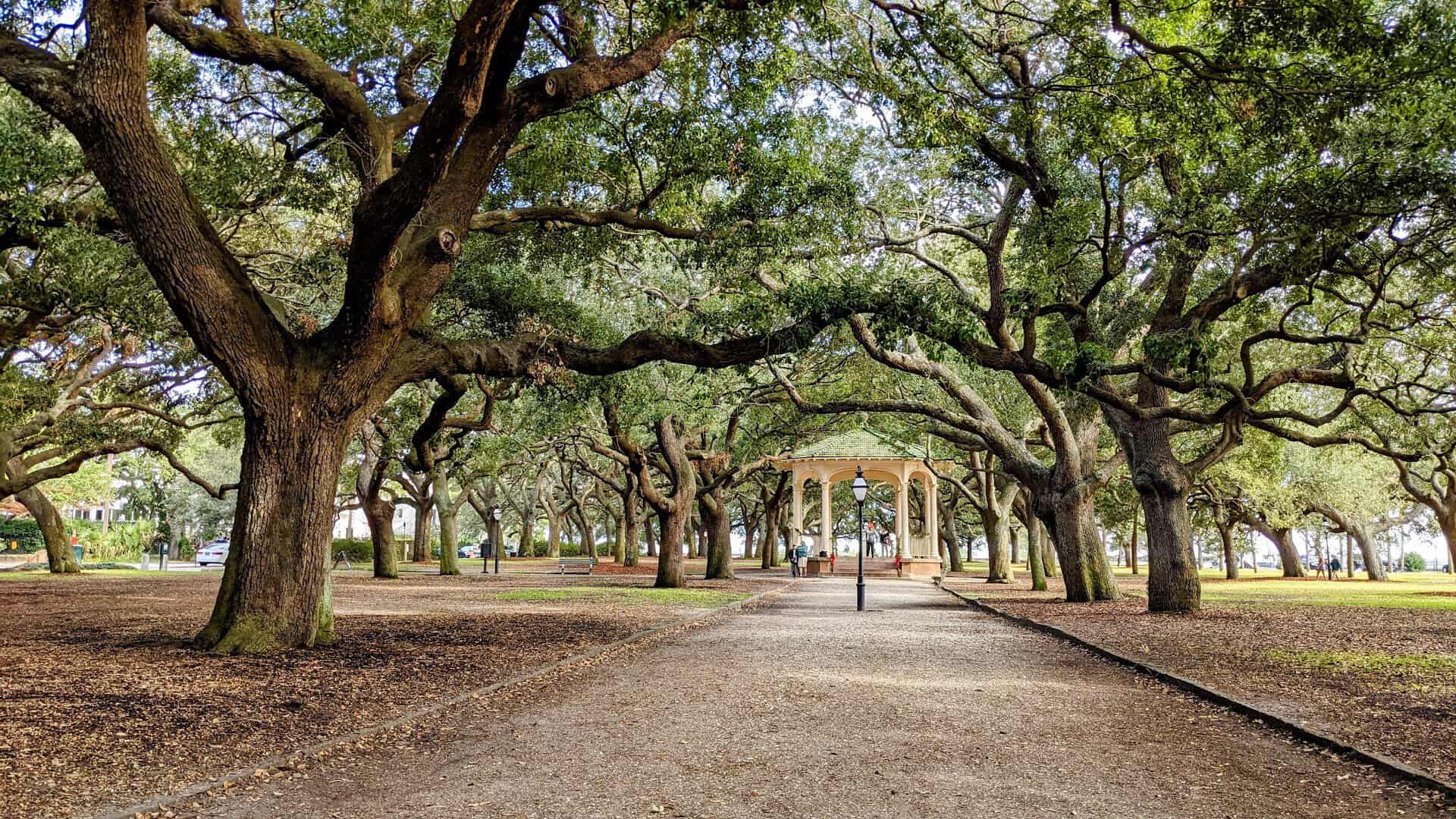 Live oak allee and bandstand at White Point Garden on The Battery in Charleston, SC