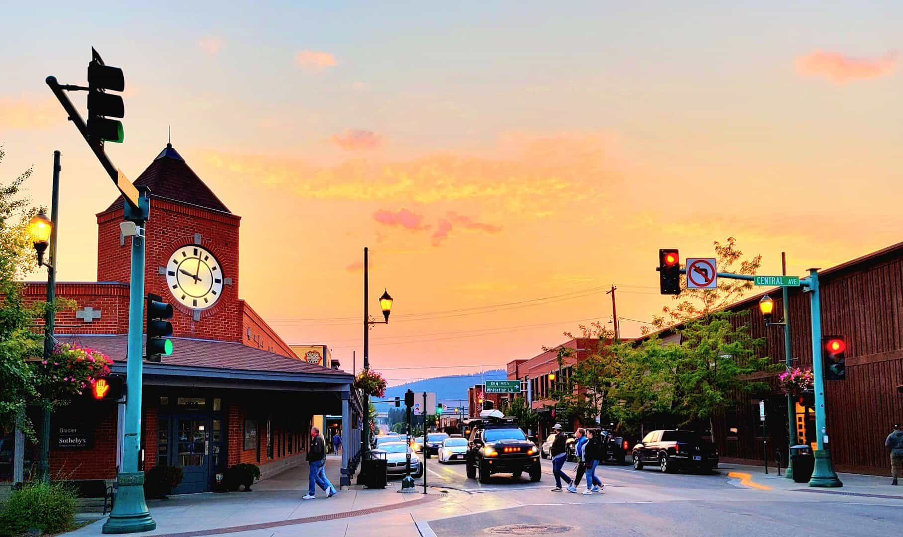 Downtown Whitefish, Montana at sunset with its clock tower and old railroad depot