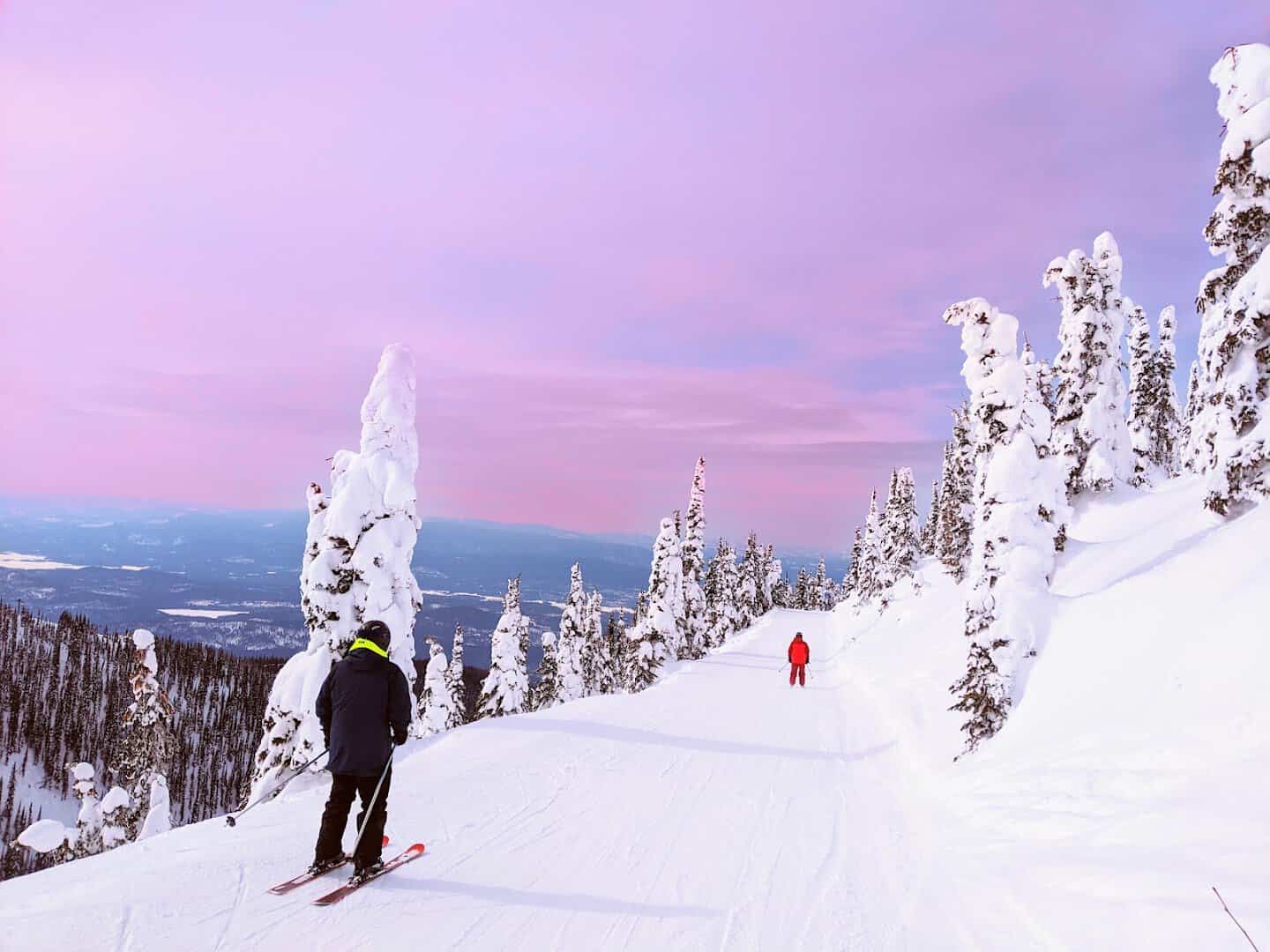 Snow-covered ski slopes at dusk, Whitefish Mountain Resort, Montana