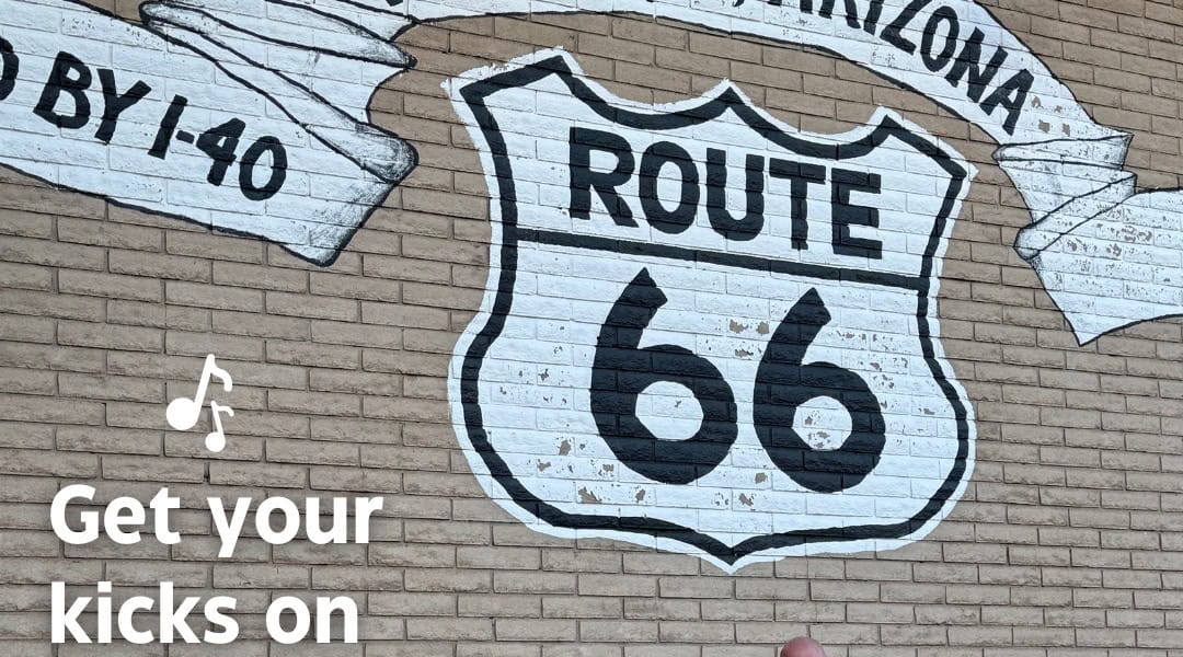 Route 66 shield mural on a brick wall in Williams, Arizona