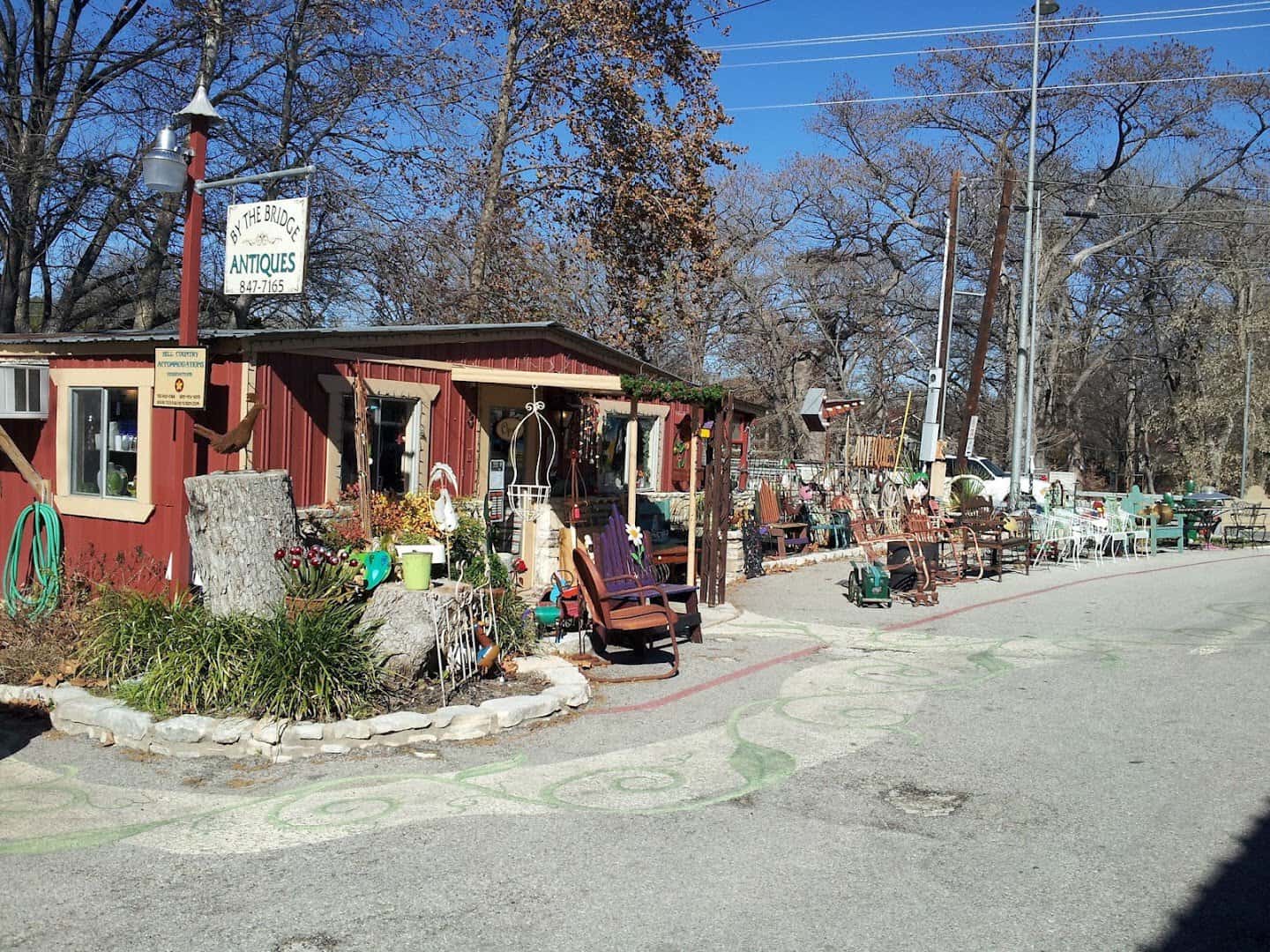 Shops and cottages along the square in the Hill Country town of Wimberley, Texas
