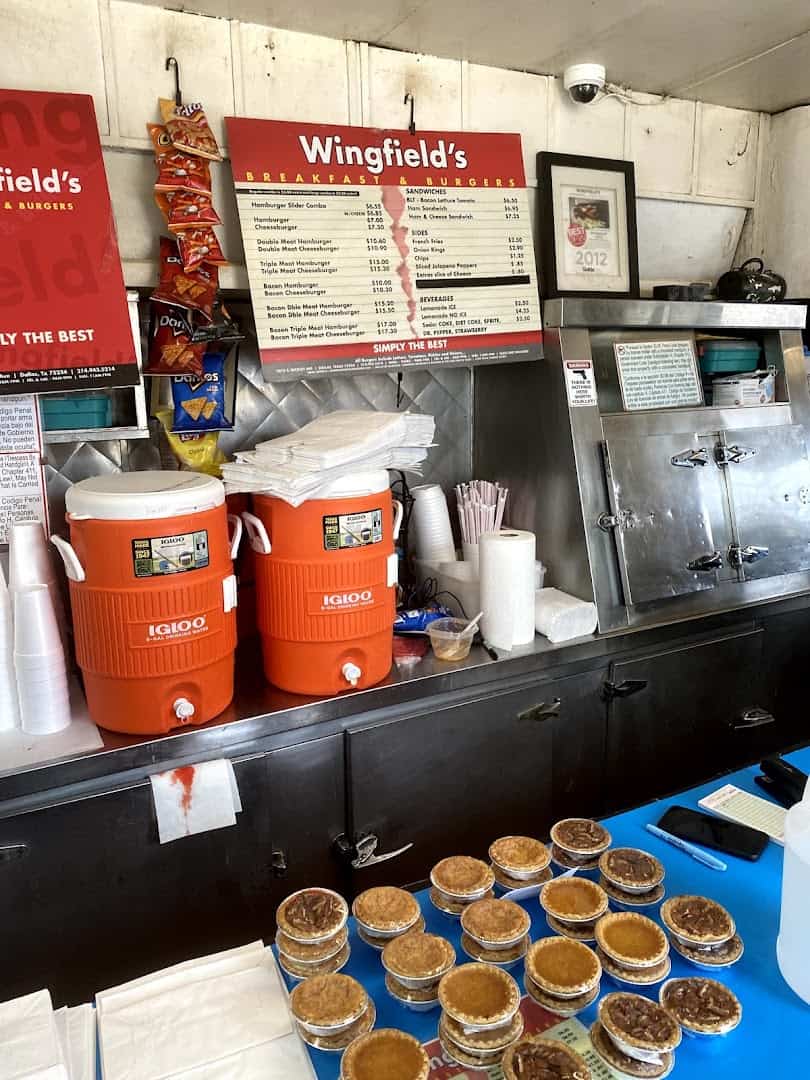 Front counter, menu, and pecan pies at Wingfield's in Dallas