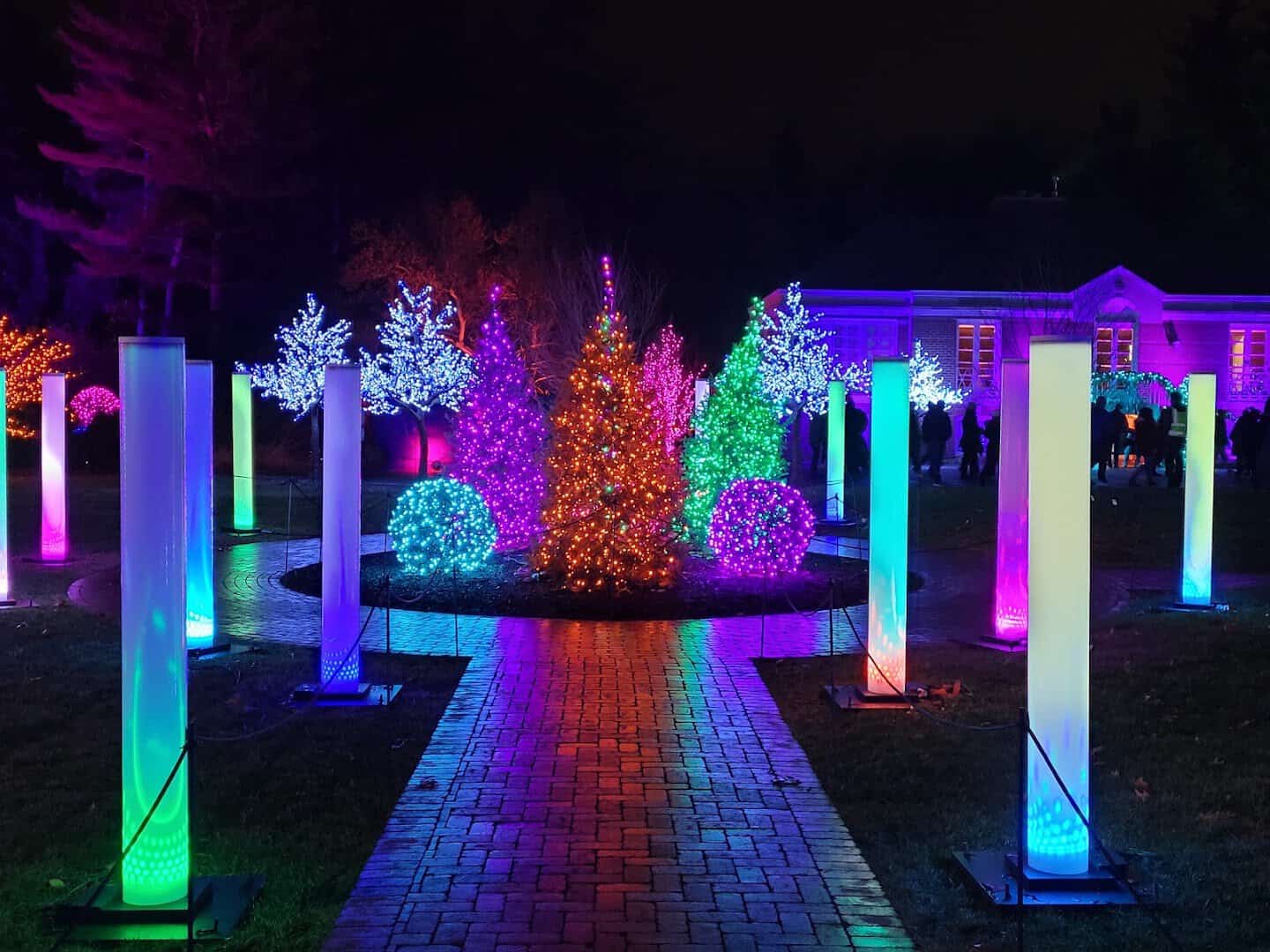 Colorful lit trees and glowing light pillars at night during Winterlights, Newfields, Indianapolis, Indiana