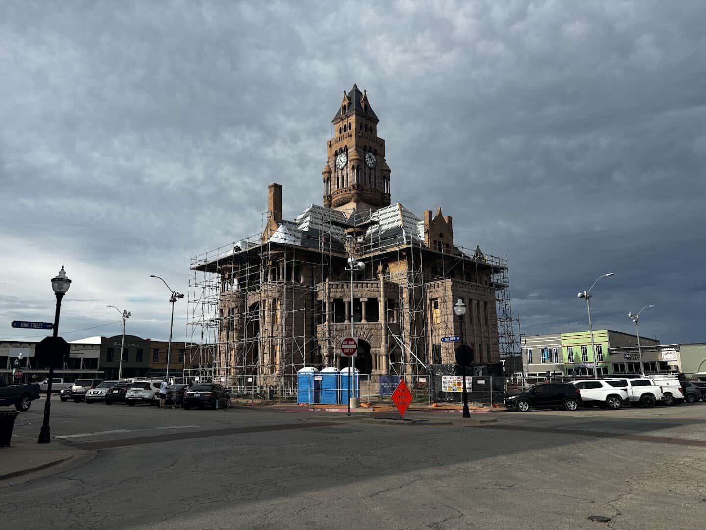 The Wise County Courthouse wrapped in scaffolding during its restoration in Decatur, Texas