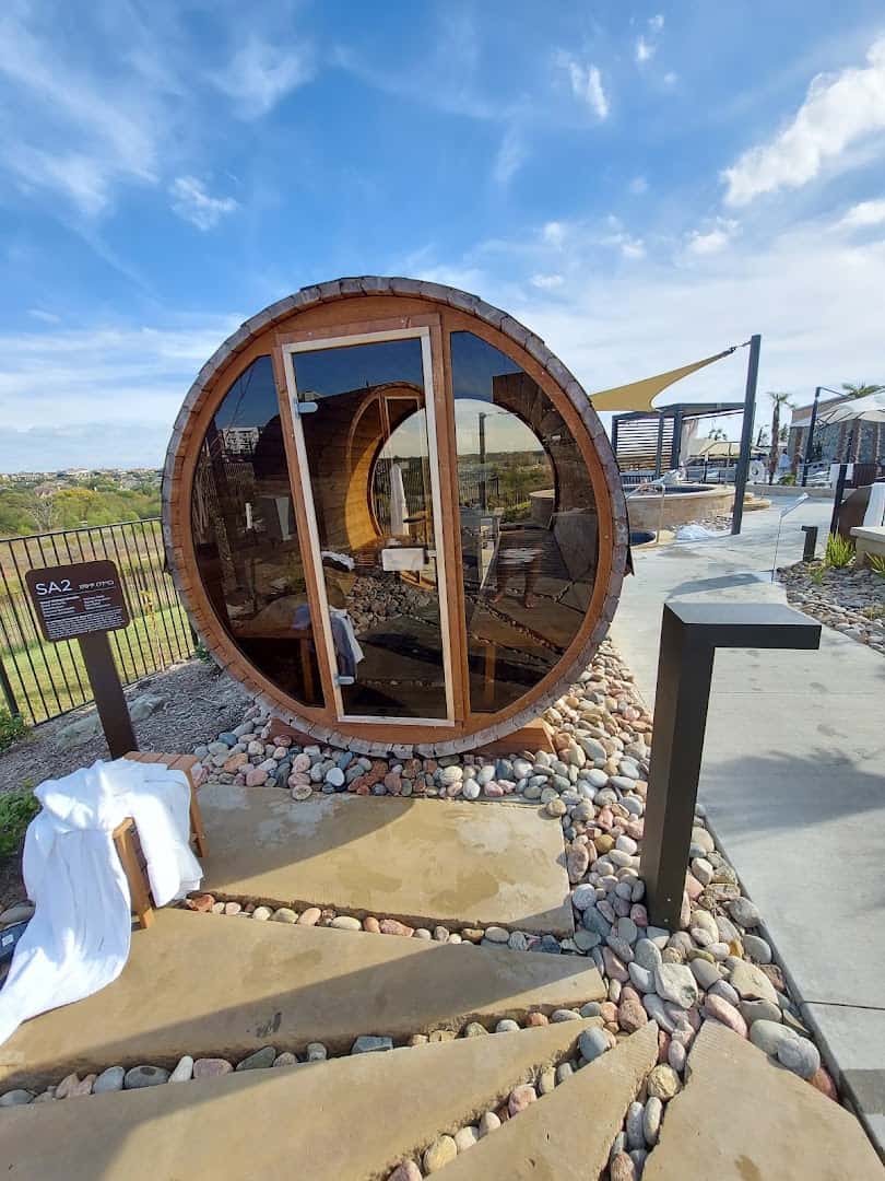Outdoor barrel sauna on the grounds at WorldSprings in The Colony, Texas