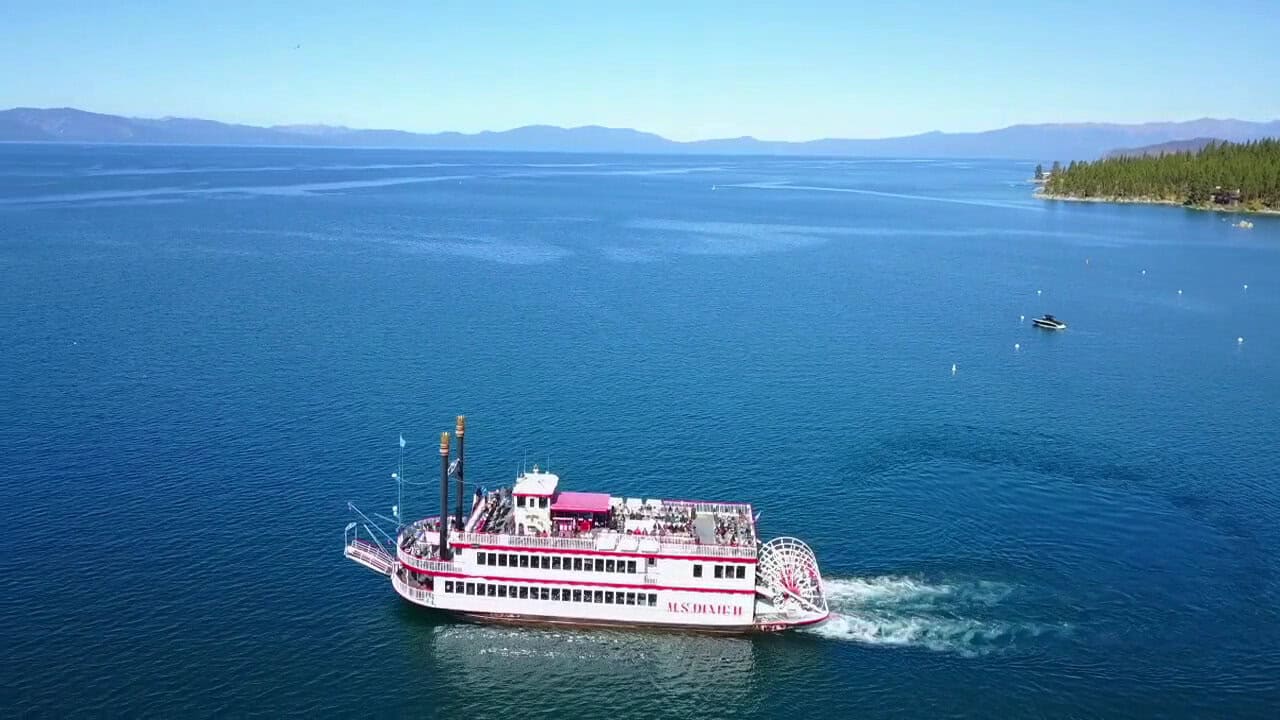 The MS Dixie II paddlewheeler on the blue water off Zephyr Cove, Lake Tahoe, Nevada