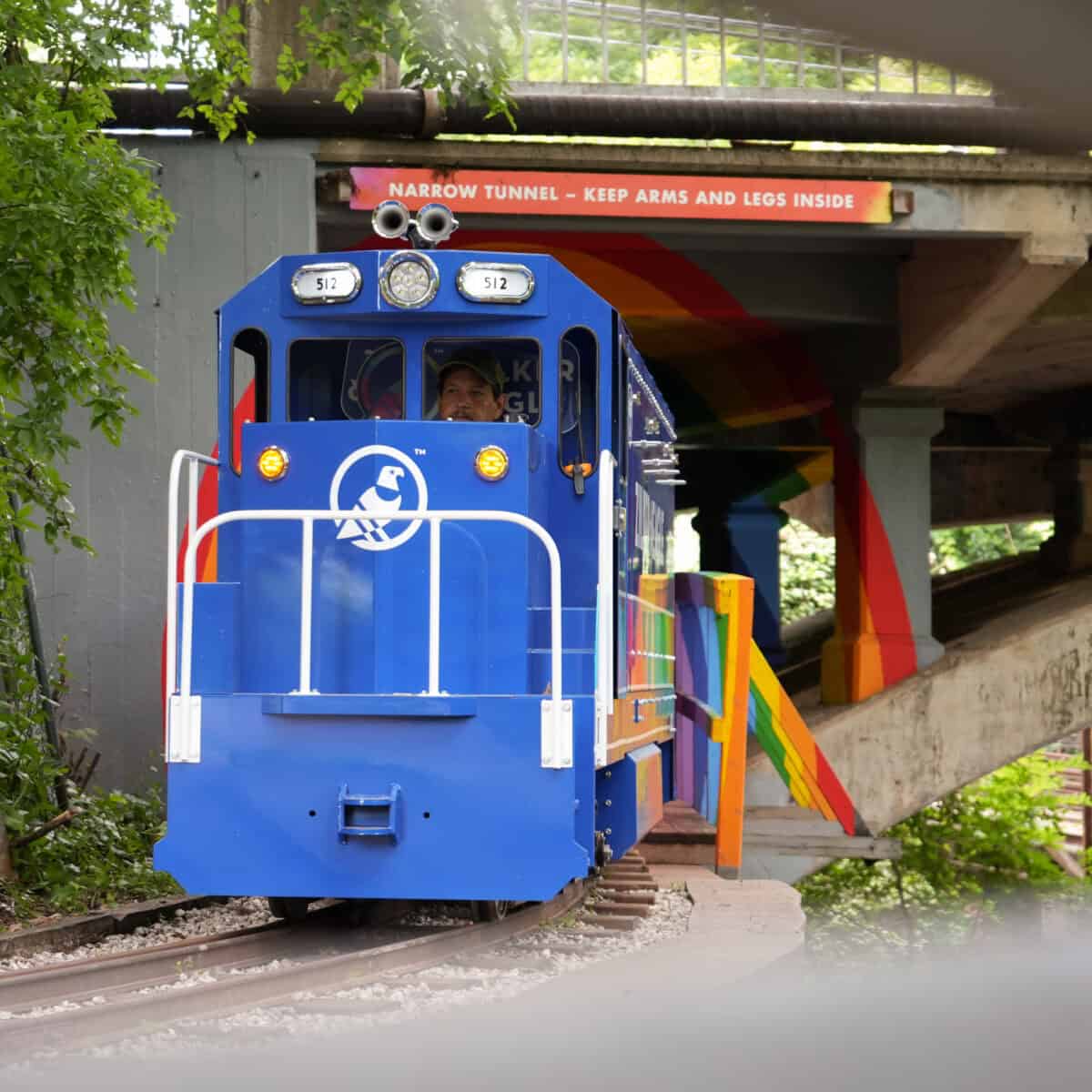 Zilker Eagle train emerging from the rainbow tunnel in Zilker Park, Austin