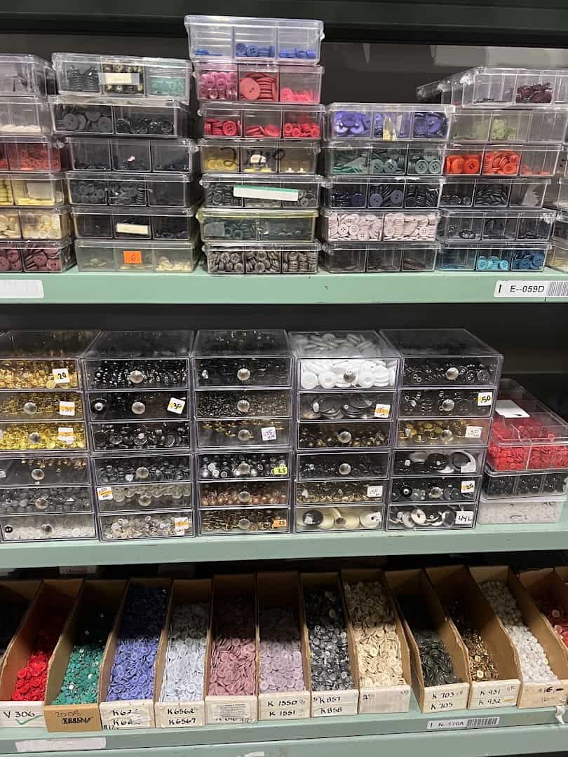 Bins and drawers of zippers and sewing notions at Wherehouse Fabrics in Dallas